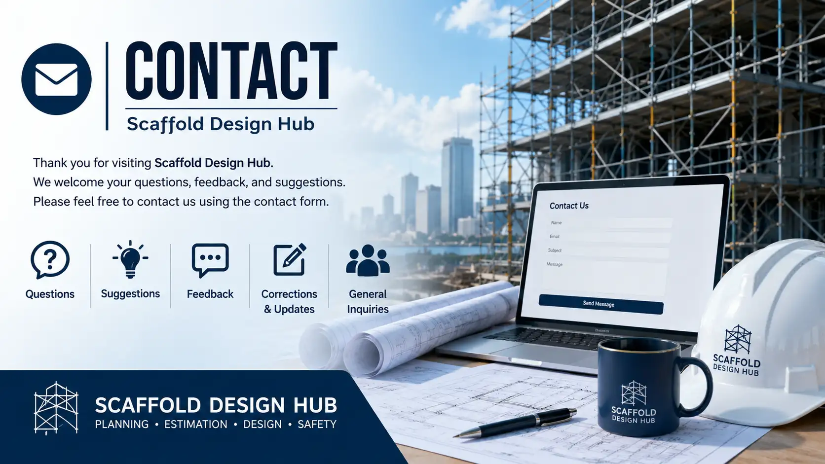 Contact page for Scaffold Design Hub featuring construction scaffolding, engineering drawings, contact form, and professional inquiry information.