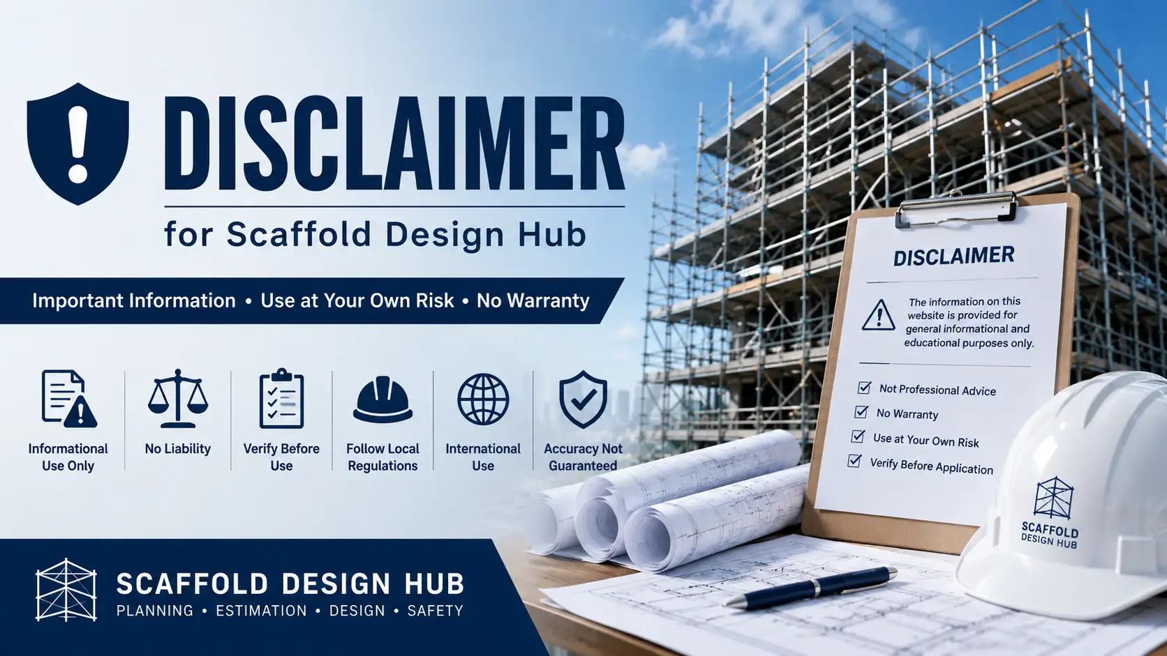 Disclaimer page for Scaffold Design Hub featuring scaffolding structures, engineering drawings, safety equipment, and construction information guidance.