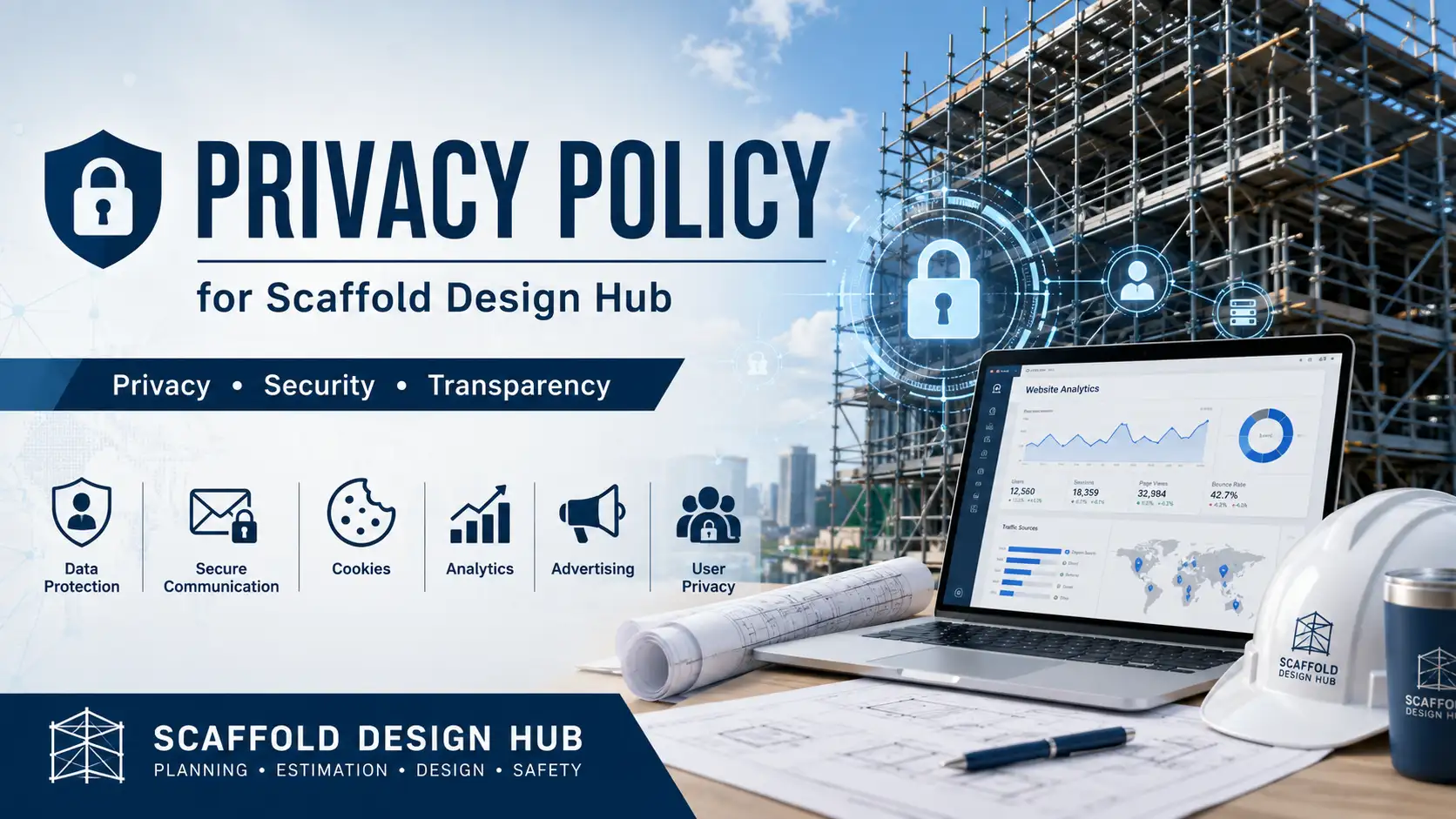 Privacy Policy page for Scaffold Design Hub featuring construction scaffolding, data security graphics, analytics tools, engineering plans, and privacy protection concepts.