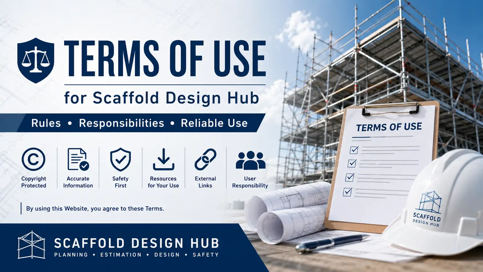 Terms of Use page for Scaffold Design Hub featuring scaffolding structures, engineering documents, safety equipment, and construction compliance information.
