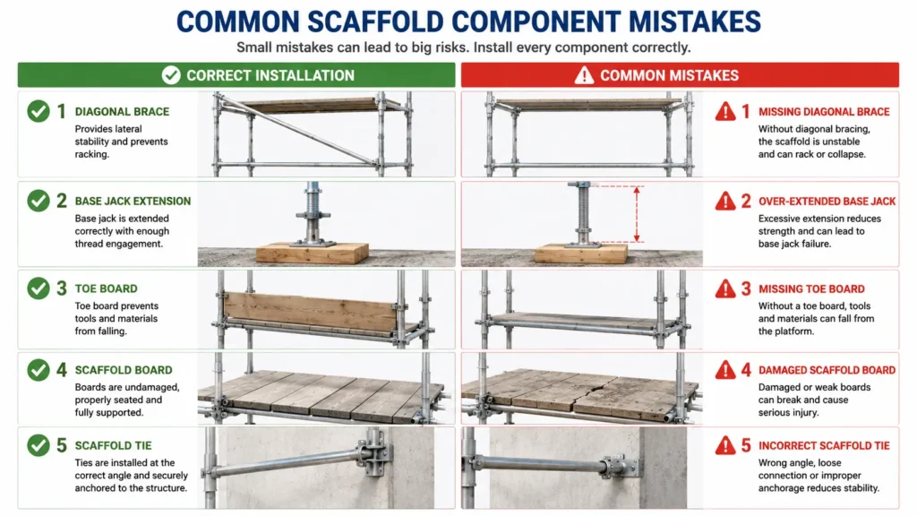 Engineering comparison infographic showing common scaffold component mistakes, including missing diagonal brace, over-extended base jack, missing toe board, damaged scaffold board, and incorrect scaffold tie alongside correct installation examples.