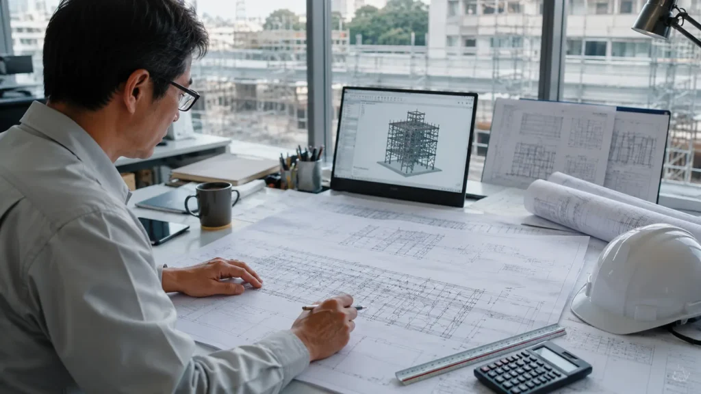 Professional scaffold designer reviewing detailed scaffold drawings and a 3D scaffold model in a planning office, illustrating the scaffold design process before construction begins.