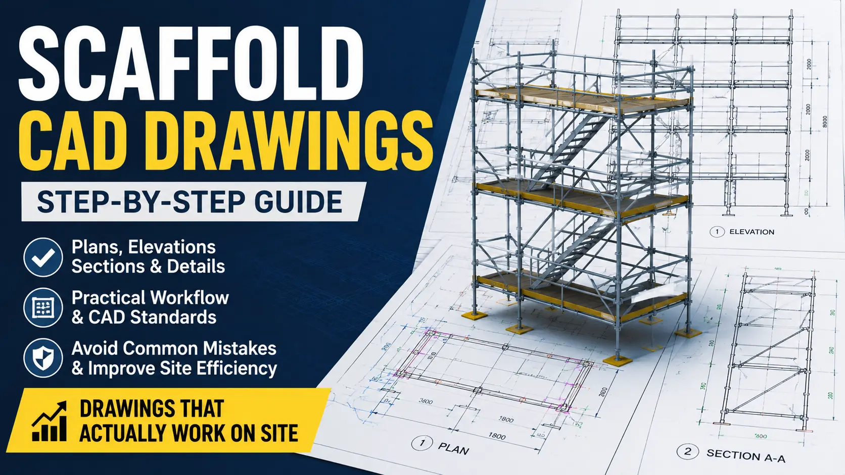 Professional scaffold CAD drawings with plan, elevation and section views alongside a 3D scaffold model for construction planning.
