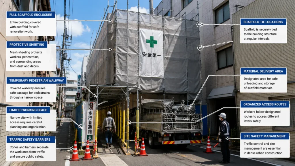 Engineering illustration showing scaffold planning on a dense urban construction site in Japan, including protective sheeting, temporary pedestrian walkway, material delivery area, organized access routes, and traffic safety management.