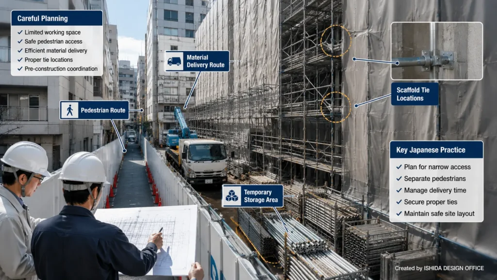 Professional scaffold design planning for an urban construction project in Japan, showing scaffold layout, pedestrian routes, material delivery access, and scaffold tie locations before erection.