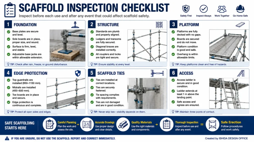 Professional scaffold design inspection checklist showing foundation, structure, platform, edge protection, scaffold ties, and access requirements for safe scaffold planning and inspection.