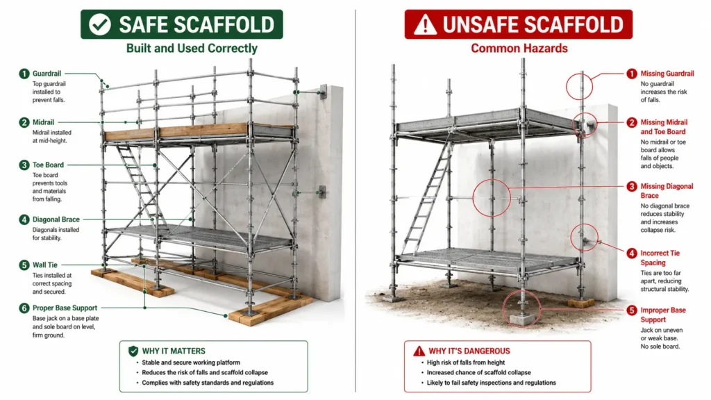 Comparison of a safe scaffold and an unsafe scaffold showing correctly installed guardrails, toe boards, wall ties, diagonal braces, and proper base support versus common scaffolding hazards and missing safety components.