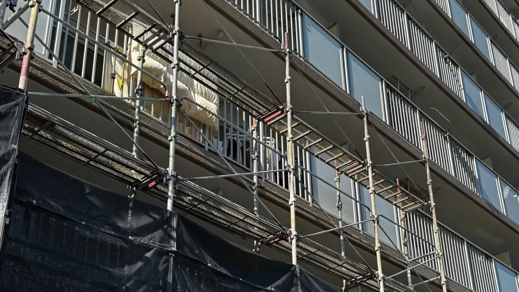 Facade scaffold installed around an apartment building for renovation work