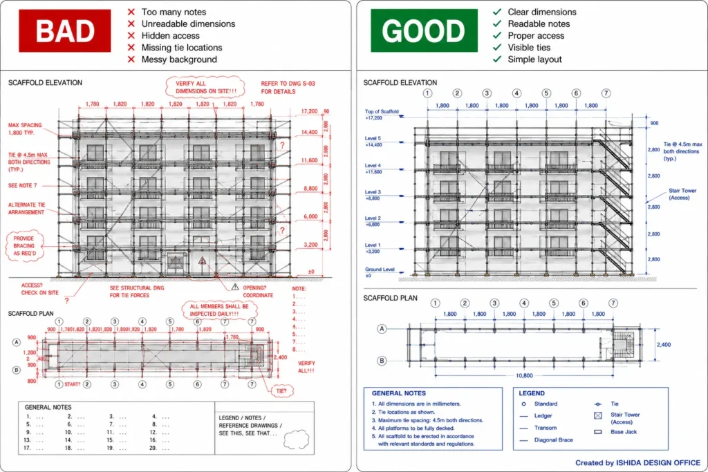 Comparison of bad and good scaffold CAD drawings showing differences in drawing clarity, dimensions, notes, tie locations and overall readability.