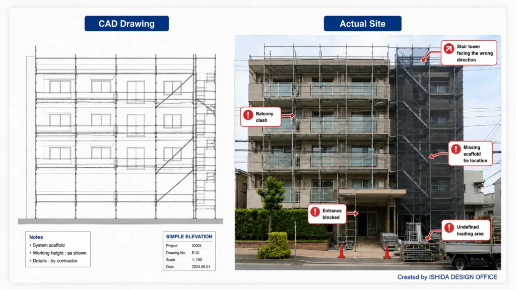 Comparison between a scaffold CAD elevation drawing and the actual construction site, highlighting stair tower orientation, scaffold tie locations, balcony clashes, entrance access and loading area issues for scaffold planning.