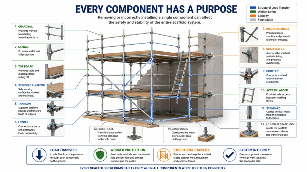 Engineering infographic illustrating how scaffold components work together as one structural system, showing guardrails, platforms, transoms, ledgers, standards, braces, scaffold ties, couplers, base plates, sole boards, and load transfer for scaffold safety.