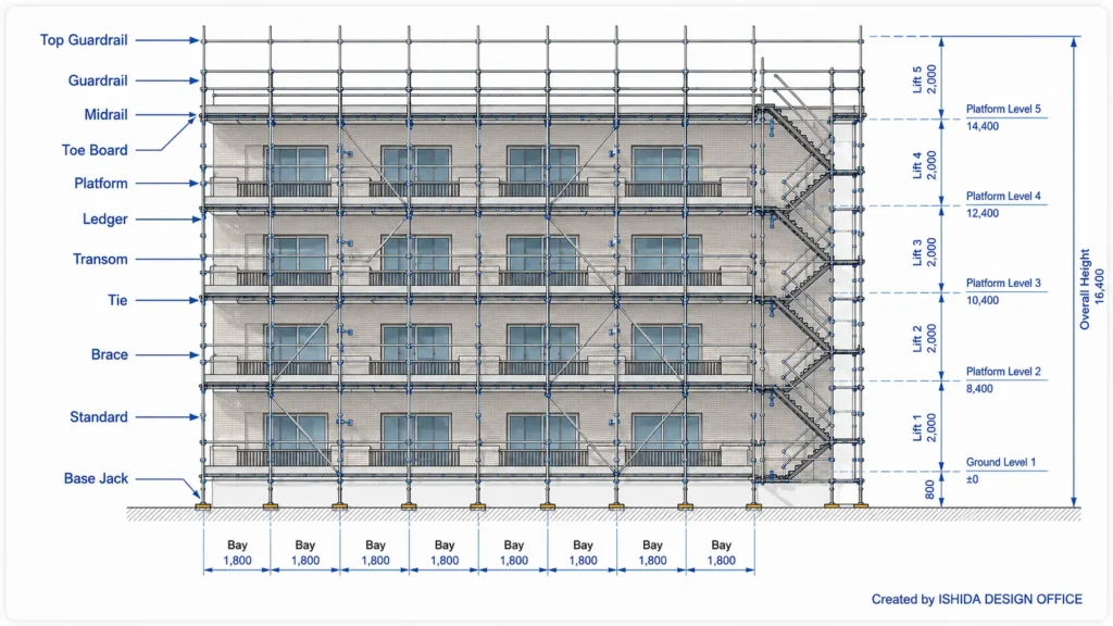 Scaffold elevation drawing showing standards, ledgers, transoms, braces, ties, guardrails, platform levels, lift heights and stair tower arrangement for a multi-storey building.