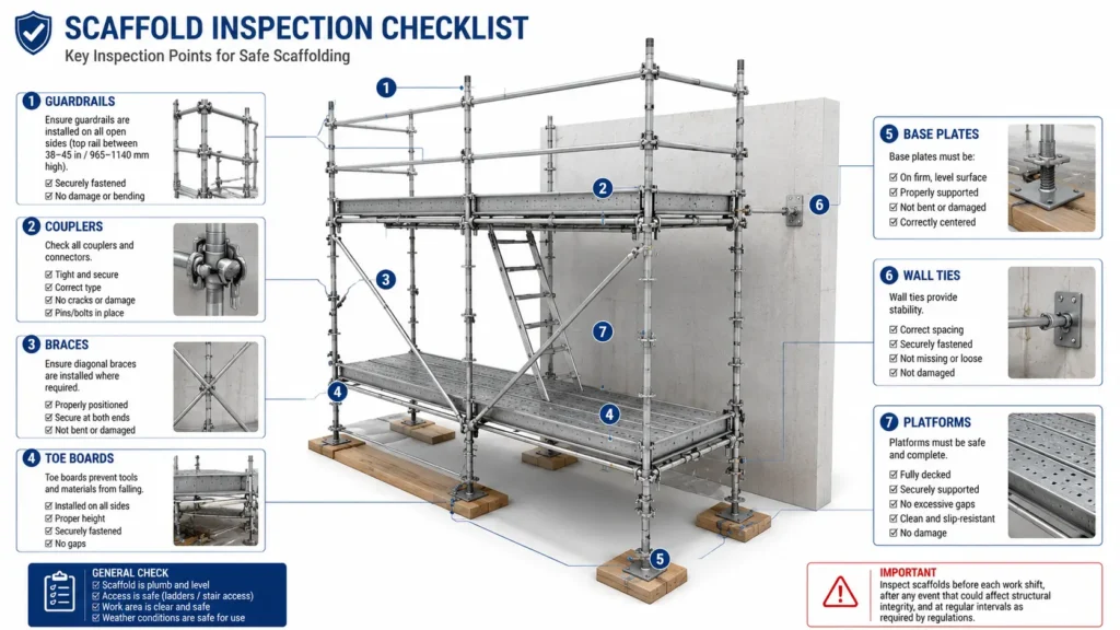 Scaffold inspection checklist showing key safety inspection points including guardrails, couplers, diagonal braces, toe boards, base plates, wall ties, and working platforms before use.