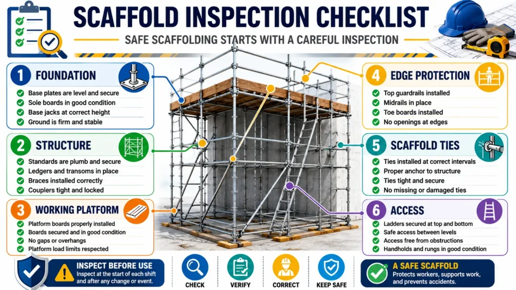 Professional scaffold inspection checklist infographic showing foundation, structure, working platform, edge protection, scaffold ties, and access checks for safe scaffold inspections.