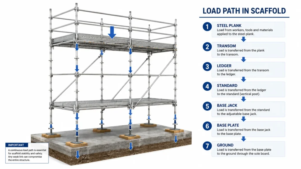 Scaffold load path diagram showing how loads are transferred from the steel plank through the transom, ledger, standard, base jack, base plate, and sole board into the ground for structural stability.