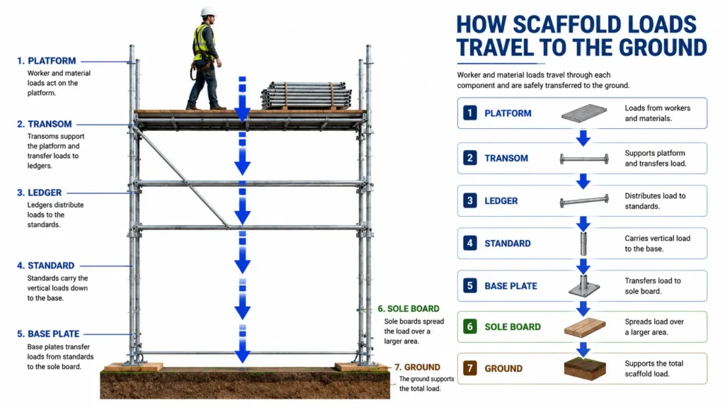 Engineering diagram illustrating the scaffold load path from the working platform through the transom, ledger, standard, base plate, sole board, and ground, showing how loads are safely transferred in a scaffold system.