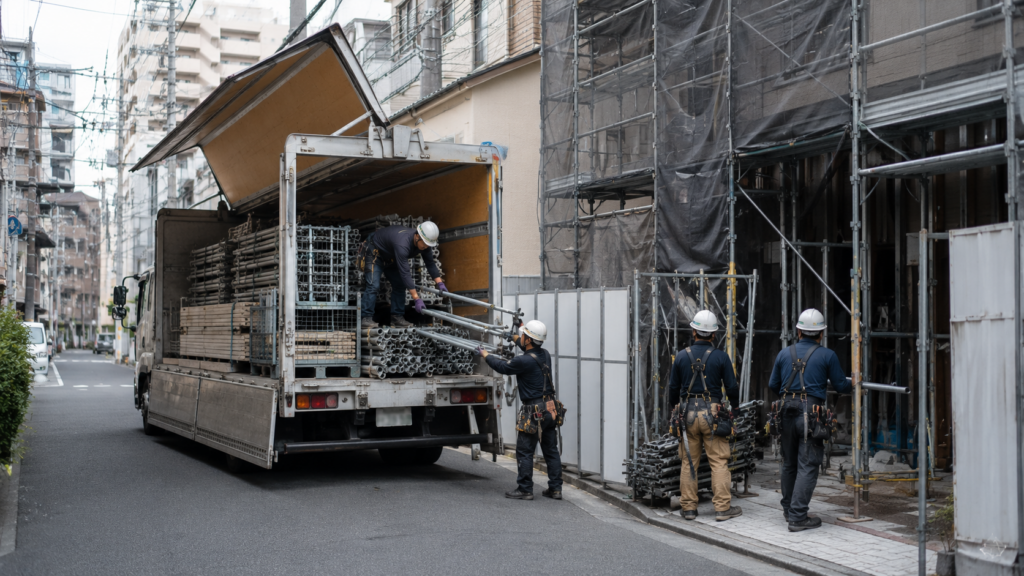 Scaffold design planning for material delivery at a narrow urban construction site, showing scaffold components being unloaded beside an erected scaffold before installation work begins.
