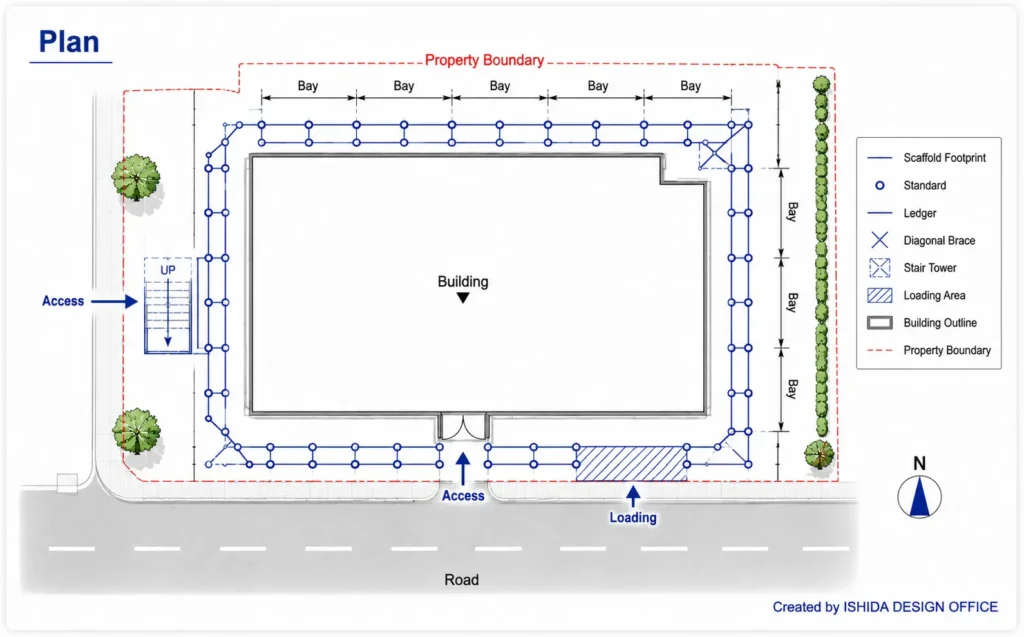 Scaffold plan drawing showing scaffold layout, access points, loading area, stair tower, property boundary and scaffold components around a building footprint.