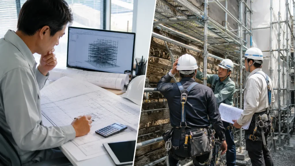 Professional scaffold design process showing engineering planning in the office and on-site scaffold coordination during construction, demonstrating how scaffold design supports safe installation.