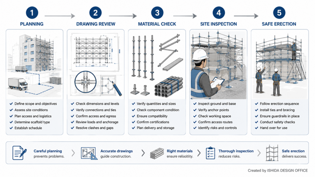 Professional scaffold design workflow showing the complete process from planning and drawing review to material inspection, site inspection, and safe scaffold erection in construction projects.