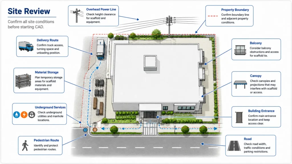 Scaffold site review checklist showing property boundaries, delivery routes, overhead power lines, underground services, material storage, pedestrian access and building conditions before creating CAD drawings.