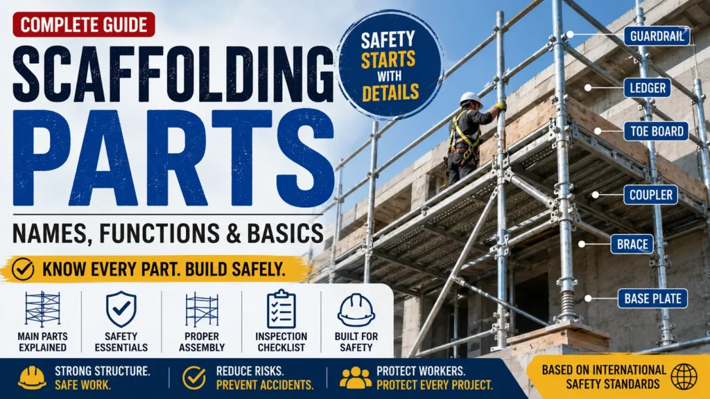 Professional scaffolding parts guide showing labeled scaffold components including standards, ledgers, braces, guardrails, toe boards, couplers, and base plates on a construction scaffold, illustrating the names, functions, and basics of scaffold components for safe construction planning.