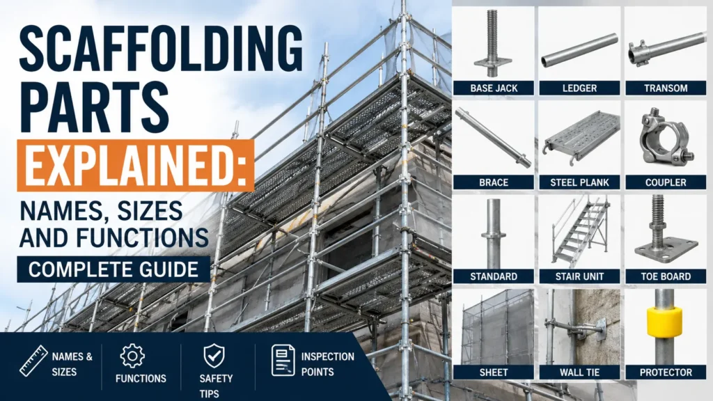 Modern scaffolding parts guide showing a completed scaffold structure together with major scaffold components used in temporary works, including ledgers, braces, couplers, base jacks, steel planks, and wall ties.
