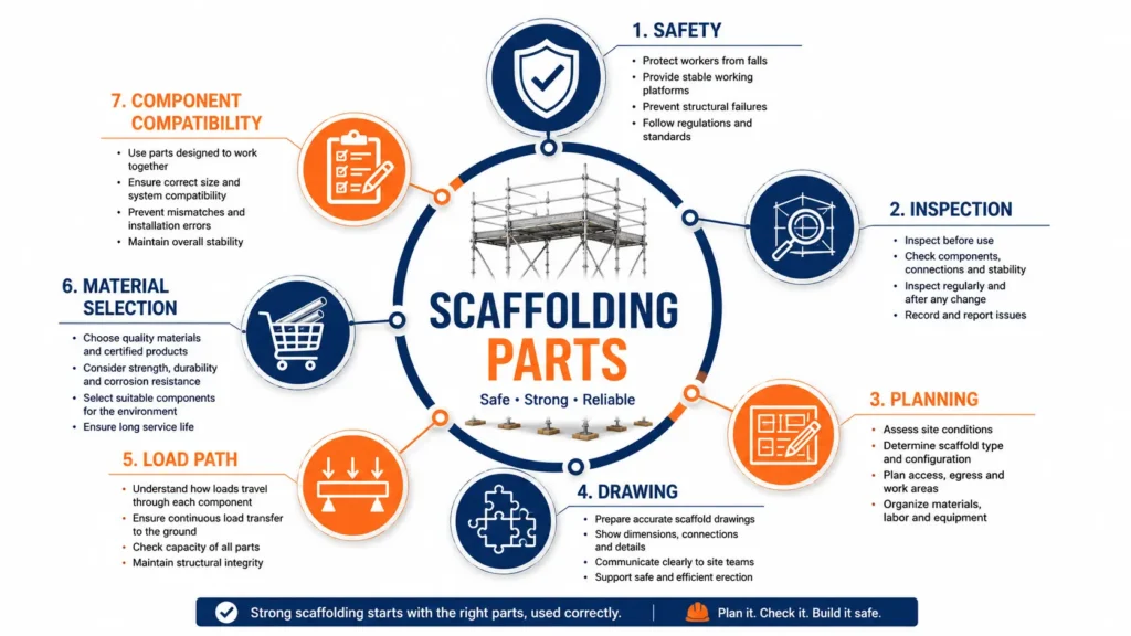 Infographic explaining scaffolding parts and their role in safety, inspection, planning, drawing, load path, material selection, and component compatibility for safe scaffold construction.