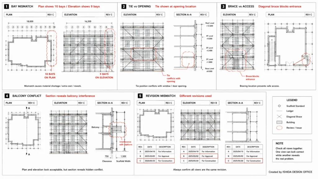 Common scaffold drawing coordination errors including bay mismatch, tie conflicts, blocked access, balcony interference and revision mismatch.