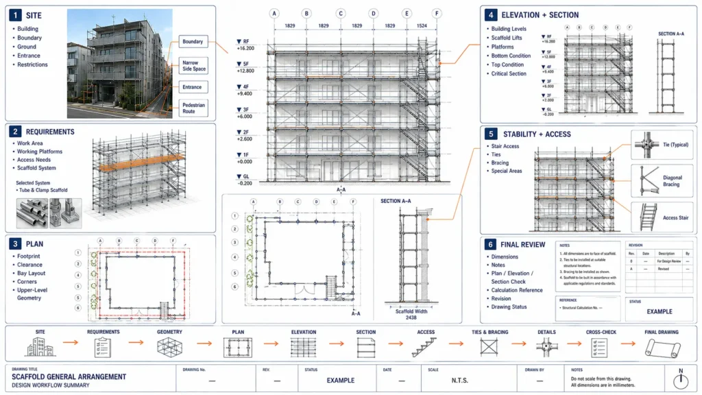 Complete scaffold drawing workflow showing site conditions, requirements, plan, elevation, section, access, ties, bracing and final design review