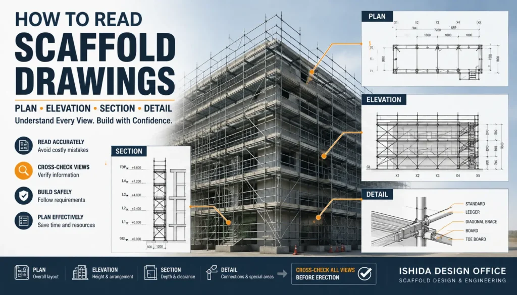How to read scaffold drawings using plan, elevation, section and detail views to cross-check a professional scaffold design.