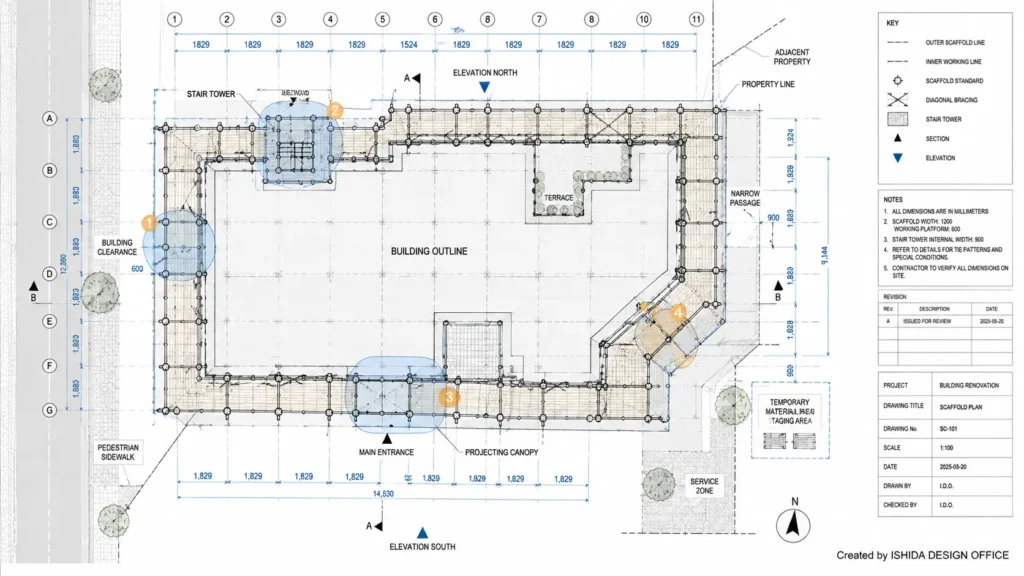 Scaffold plan showing building clearance, stair tower, main entrance, narrow passage and other site constraints around a building.