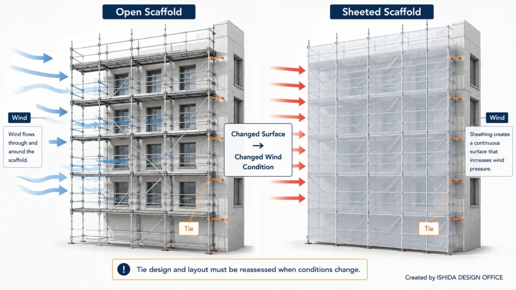 Diagram showing scaffold ties restraining movement caused by wind, including movement toward and away from the building, lateral movement and overturning tendency.