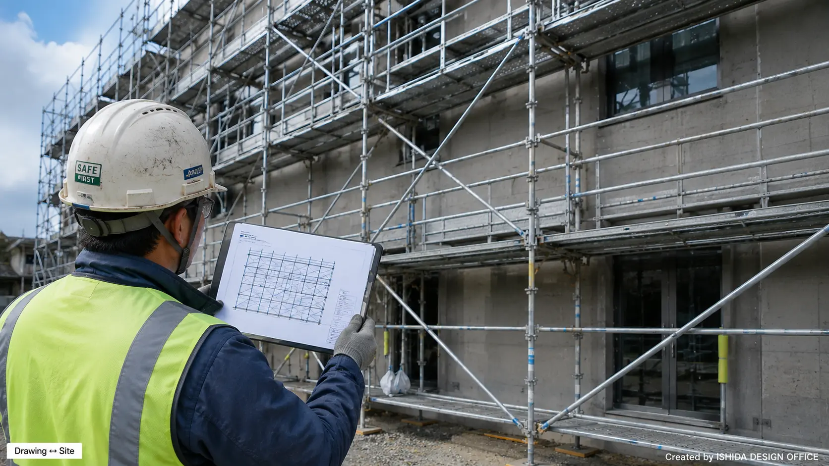 Scaffold supervisor comparing a bracing drawing with an erected facade scaffold during an on-site inspection
