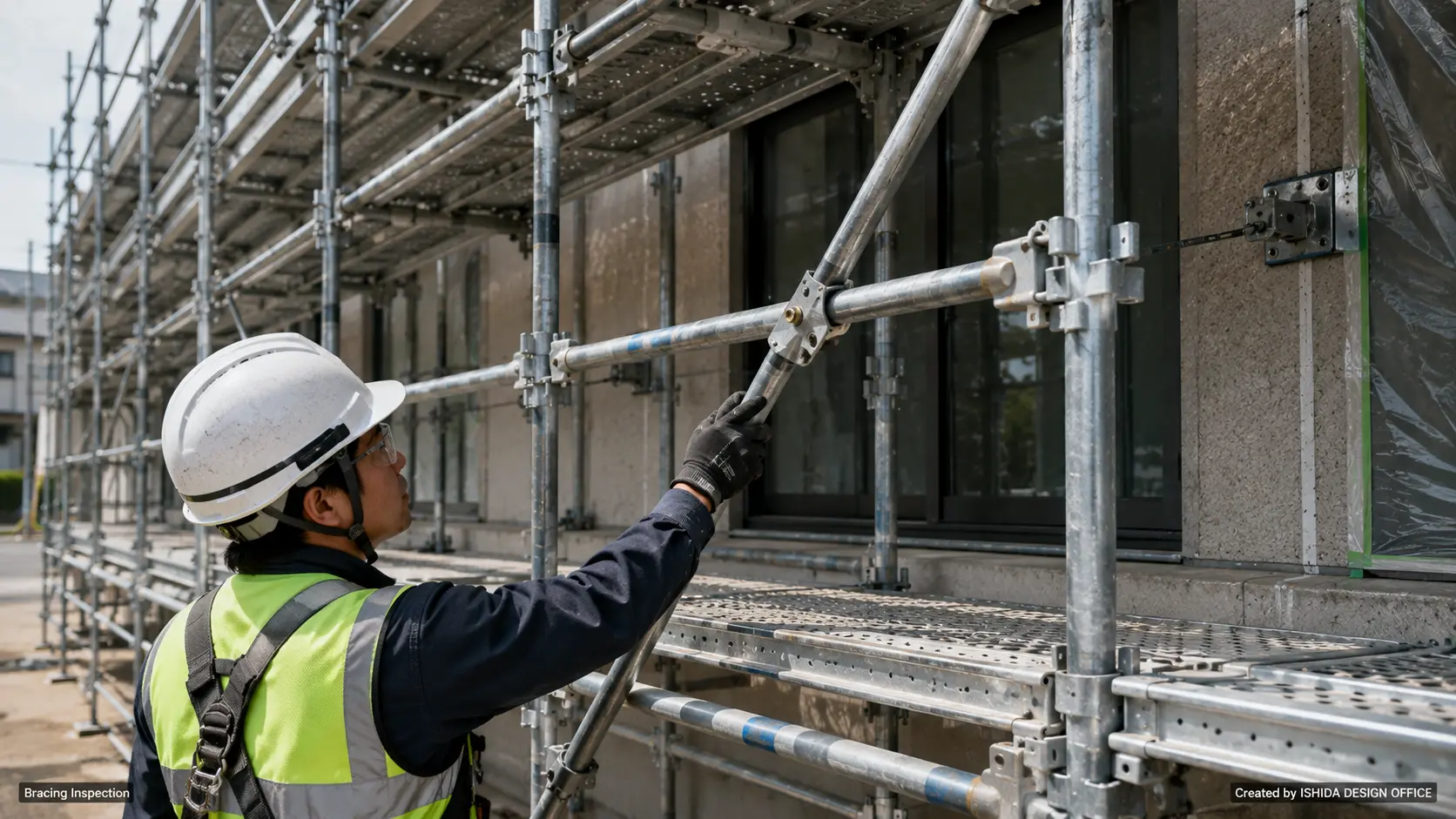 Site worker inspecting a scaffold brace connection as part of a scaffold bracing inspection on a building facade