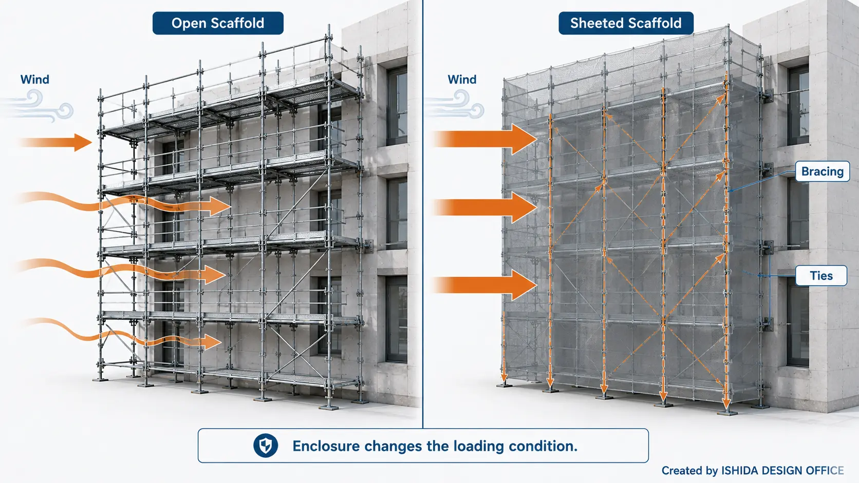 Scaffold bracing comparison showing how wind loading differs between an open scaffold and a scaffold enclosed with sheeting