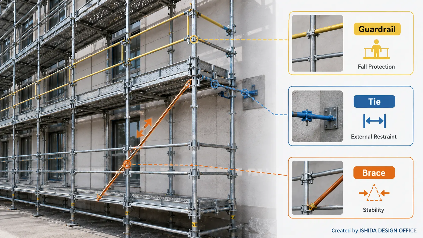 Scaffold bracing comparison showing the different functions of a diagonal brace, scaffold tie and guardrail