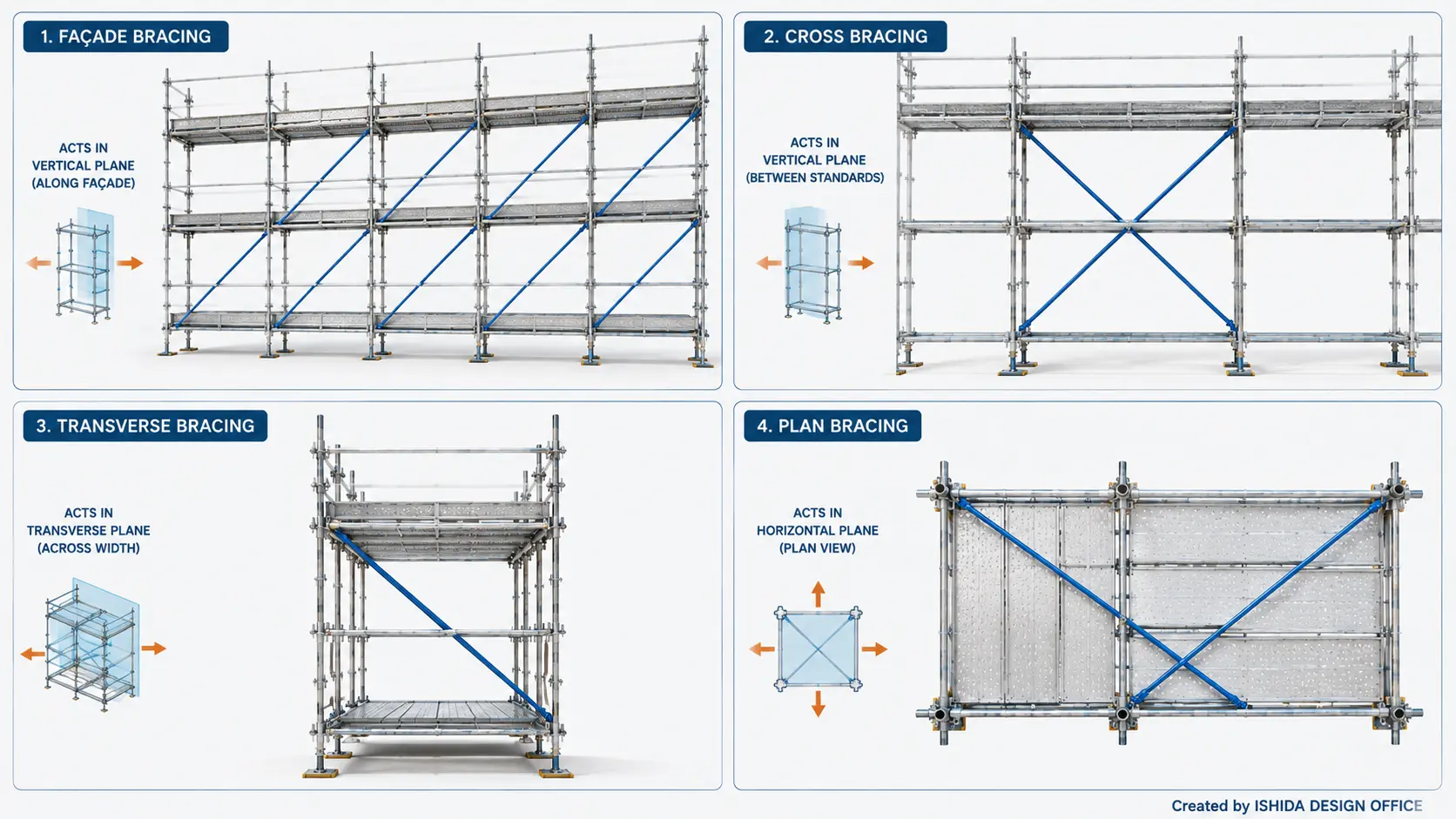 Scaffold bracing types diagram showing facade, cross, transverse and plan bracing arrangements in different scaffold planes
