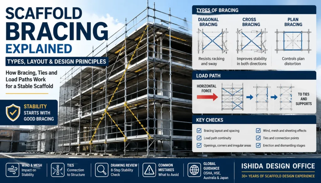 Scaffold bracing infographic showing diagonal, cross and plan bracing, load paths, ties and key stability checks