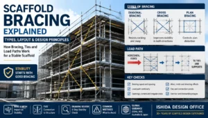 Scaffold bracing infographic showing diagonal, cross and plan bracing, load paths, ties and key stability checks