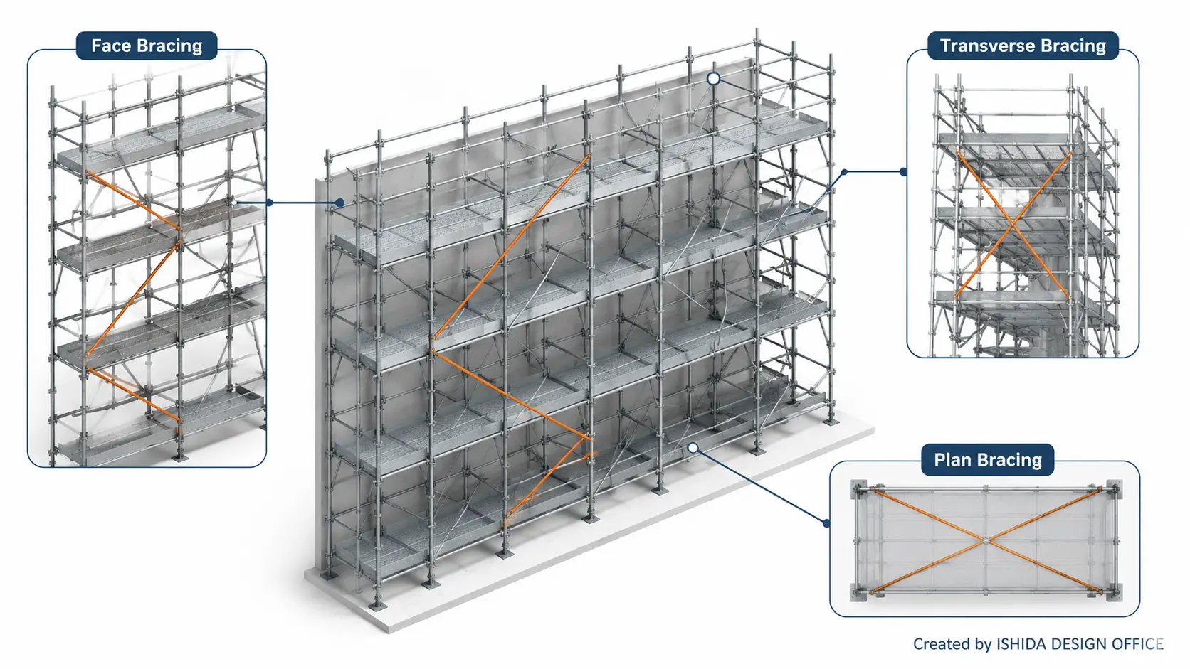 Types of bracing in scaffolding with diagram showing facade, transverse and plan bracing on a multi-bay scaffold