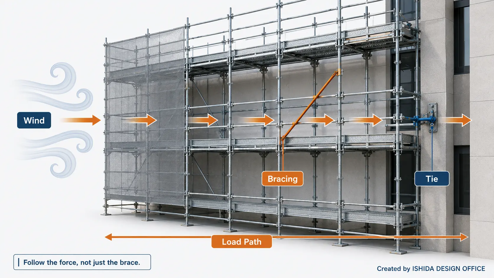 Scaffold bracing load path showing wind force transferred through sheeting, diagonal bracing and a scaffold tie to the building