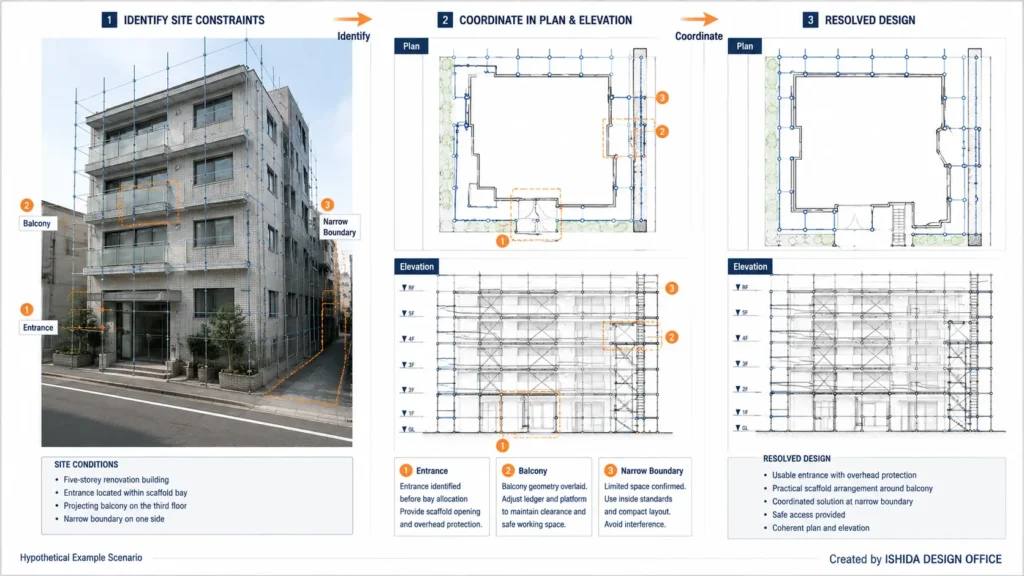 Scaffold design case study showing entrance, balcony and narrow boundary constraints coordinated through plan and elevation drawings