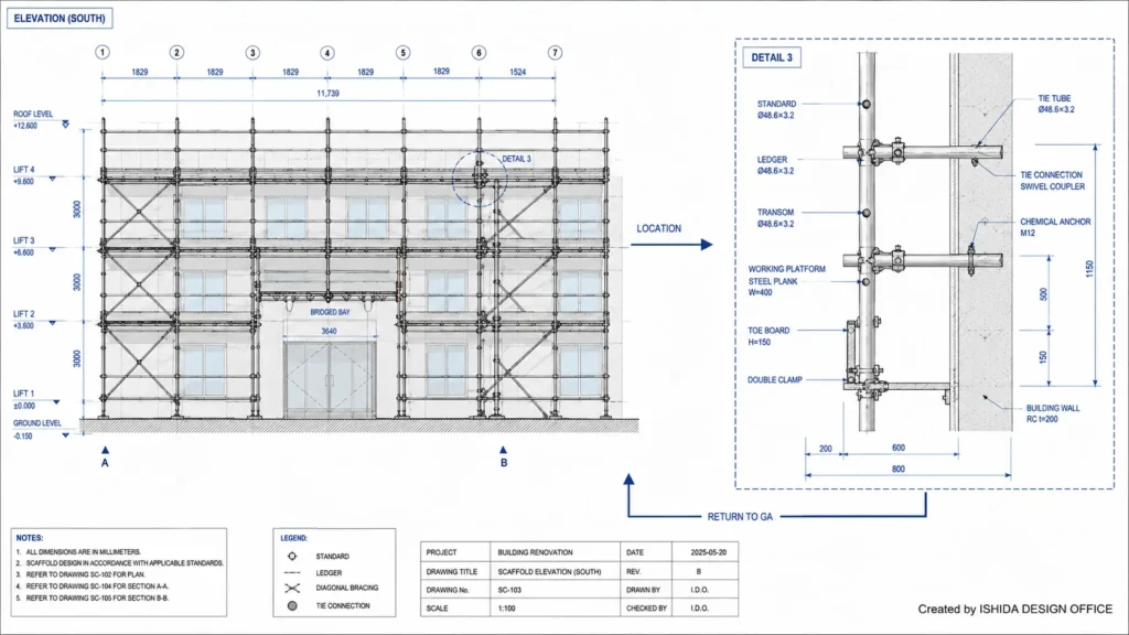 Scaffold detail drawing showing an elevation and enlarged tie connection with tie tubes, swivel couplers, chemical anchors and dimensions.