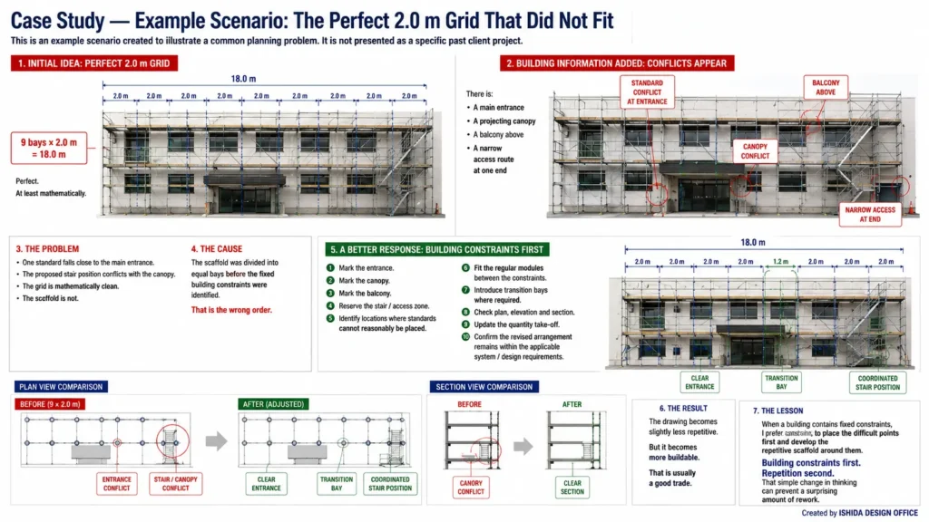 Scaffold dimensions case study comparing a perfect 2.0 m bay grid with an adjusted layout around an entrance, canopy, balcony and access constraints.