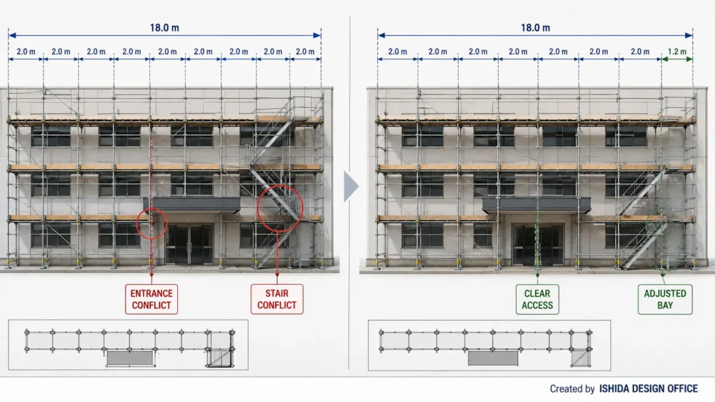 Scaffold dimensions comparison showing equal 2.0 m bays versus an adjusted bay layout to avoid entrance and stair conflicts.