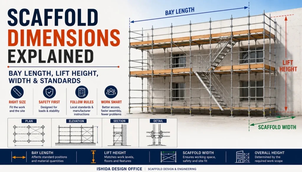 Scaffold dimensions infographic showing bay length, lift height and scaffold width on a multi-level access scaffold