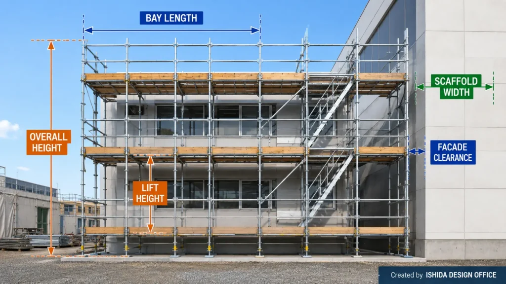 Real scaffold dimensions showing working platforms, inner and outer standards, bracing and clearance beside a building facade.