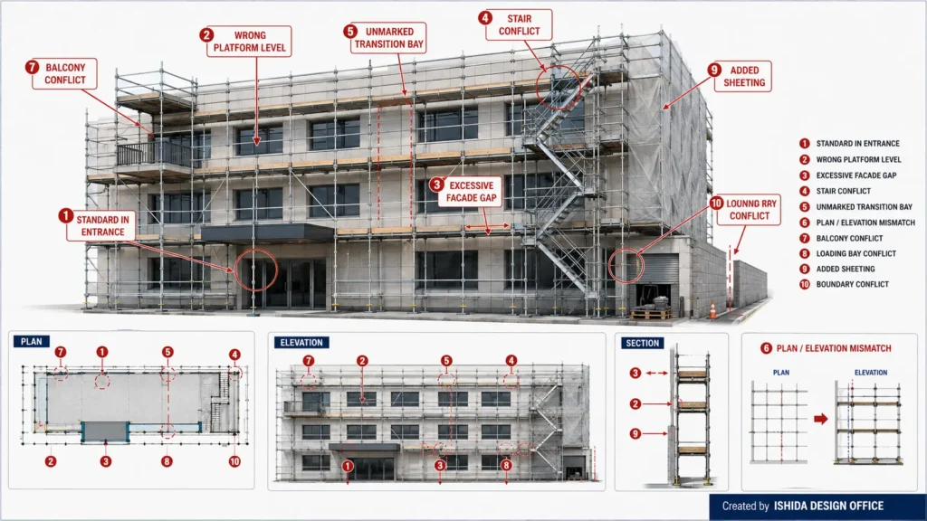 Scaffold dimensions infographic showing ten common layout mistakes including entrance, platform, stair and facade conflicts.