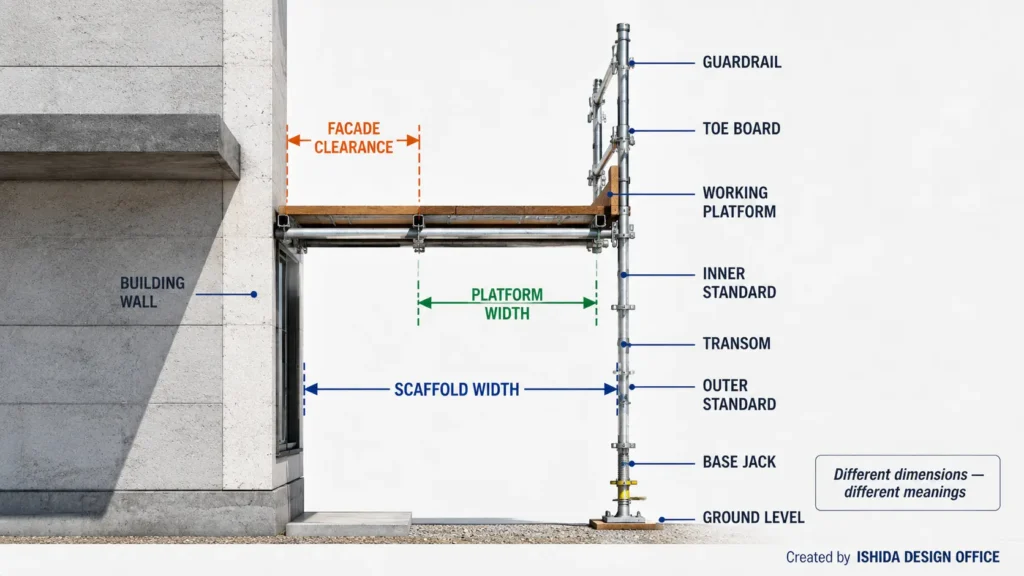 Scaffold dimensions section comparing scaffold width, platform width and facade clearance between the building wall and scaffold.